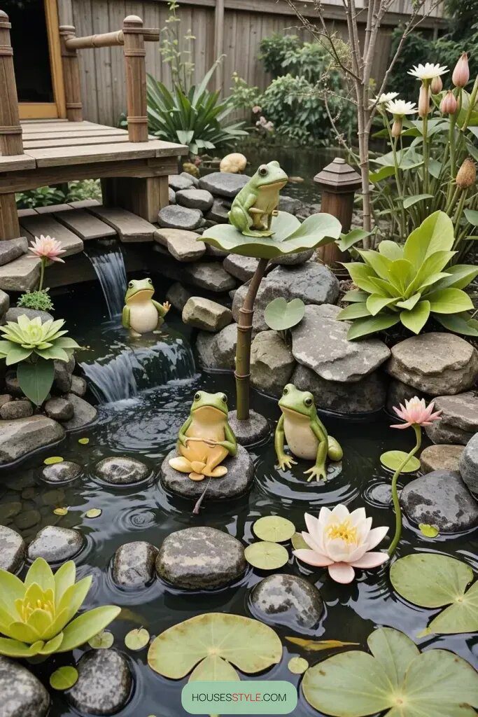 Quirky Frog Statues by the Water's Edge