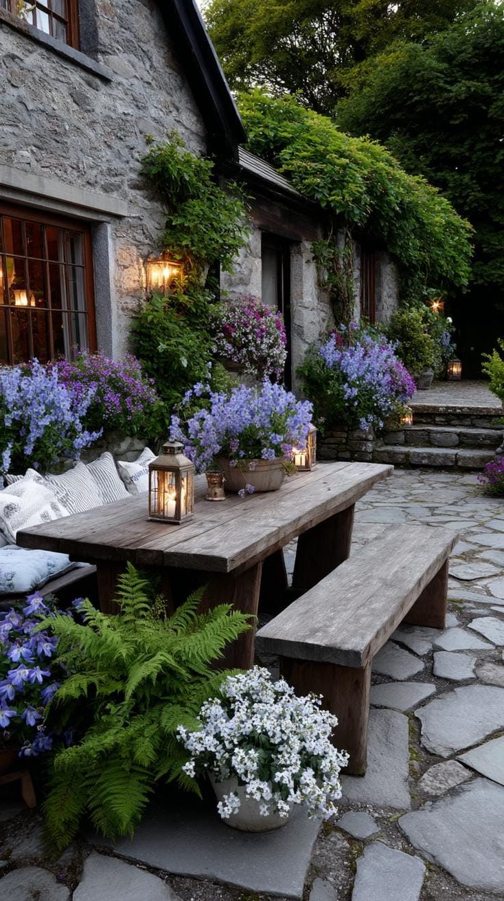 30. A Rustic Table and Lanterns in a Garden Nook
