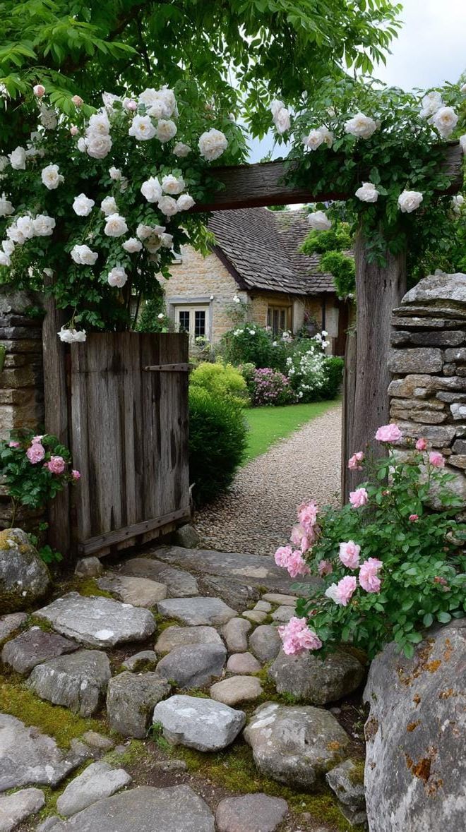 2. Wooden Arches Wrapped in Climbing Roses