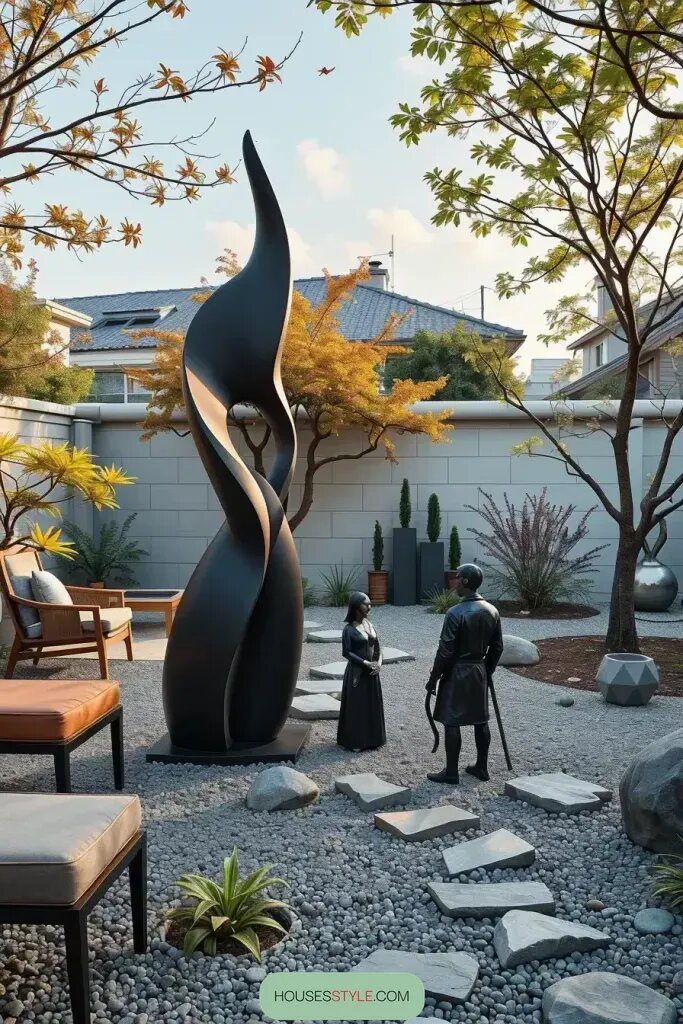 Modern Gardens With Abstract Figurine Accents