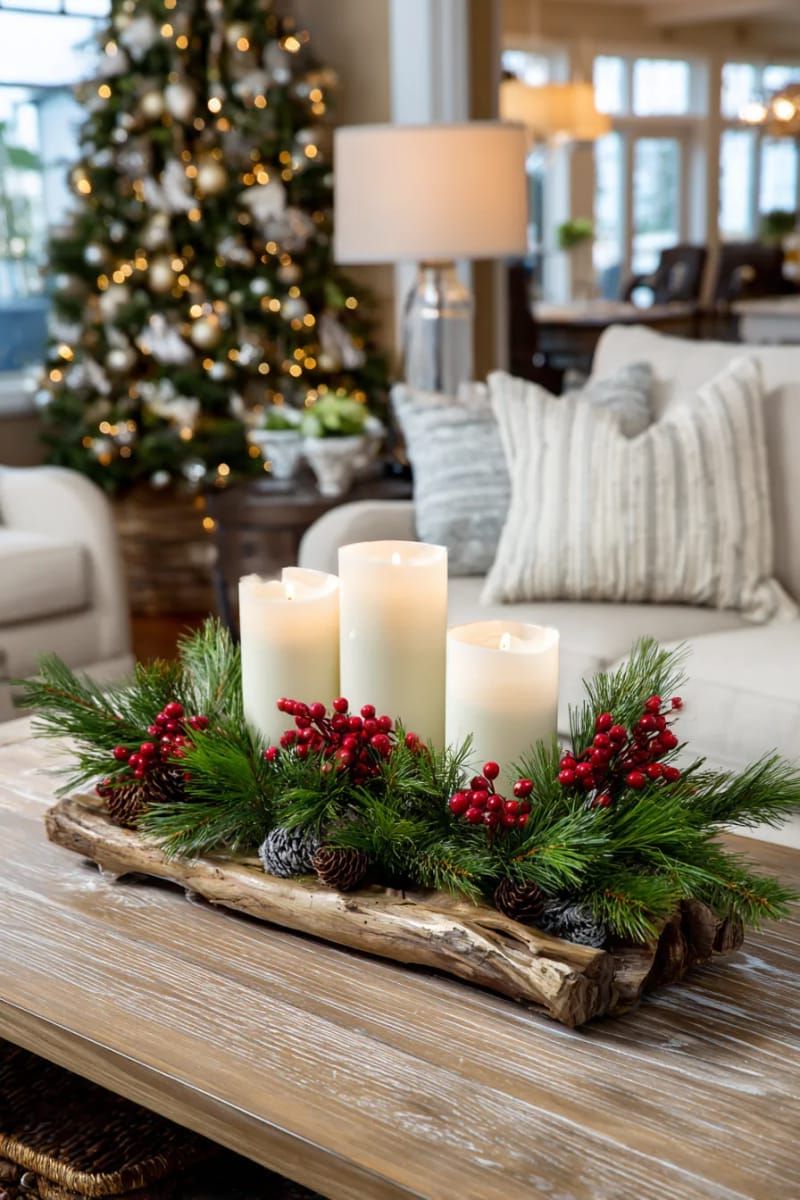 30. Pine and Cranberry Centerpiece with Candles