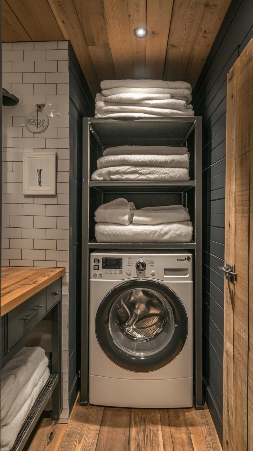 15. Industrial black and white laundry room with metal shelving - photo 3