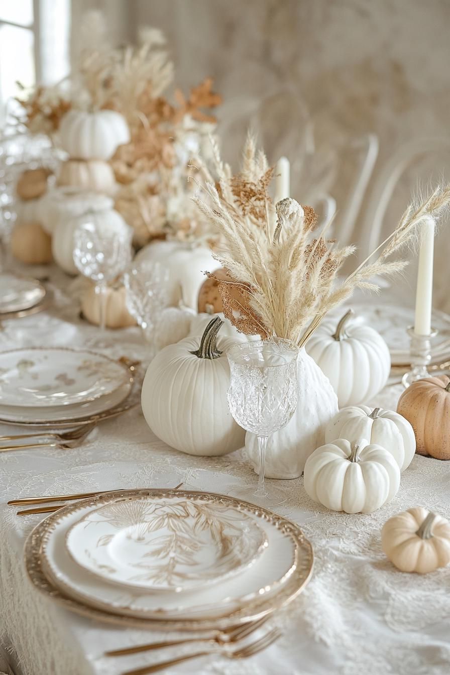 1. Rustic Pumpkin and Wheat Centerpiece