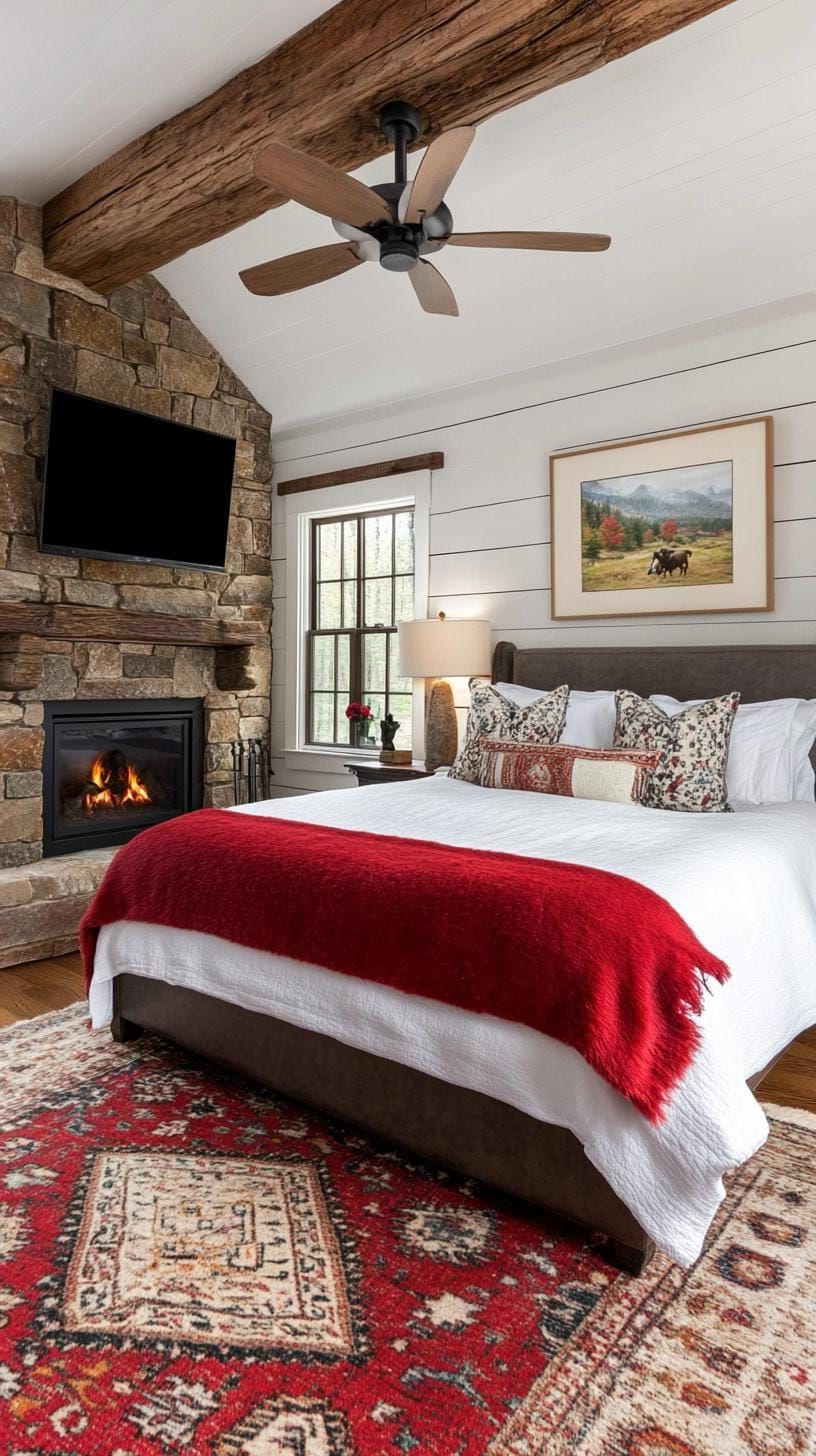 3. Wood Beams and Fur Bedding for Cabin Style