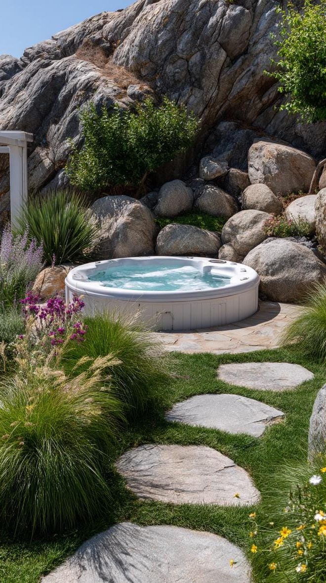 6. Natural stone landscaping around a hot tub