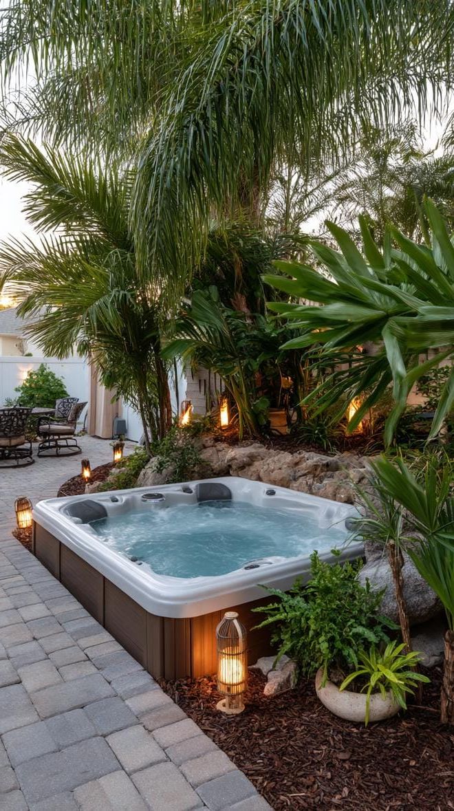 17. Relax in a Hot Tub Oasis with Tropical Plants and Tiki Torches