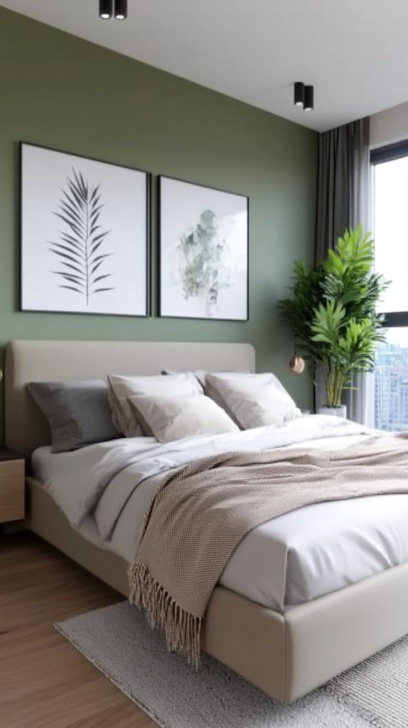 17. Olive Green and Charcoal Grey Monochrome Bedroom - photo 2