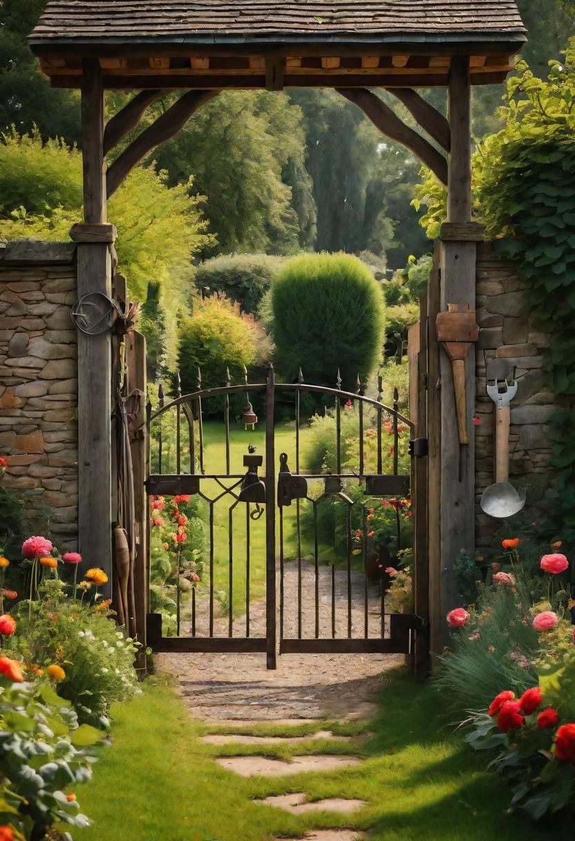 12. Vintage Garden Gate with Farm Tools