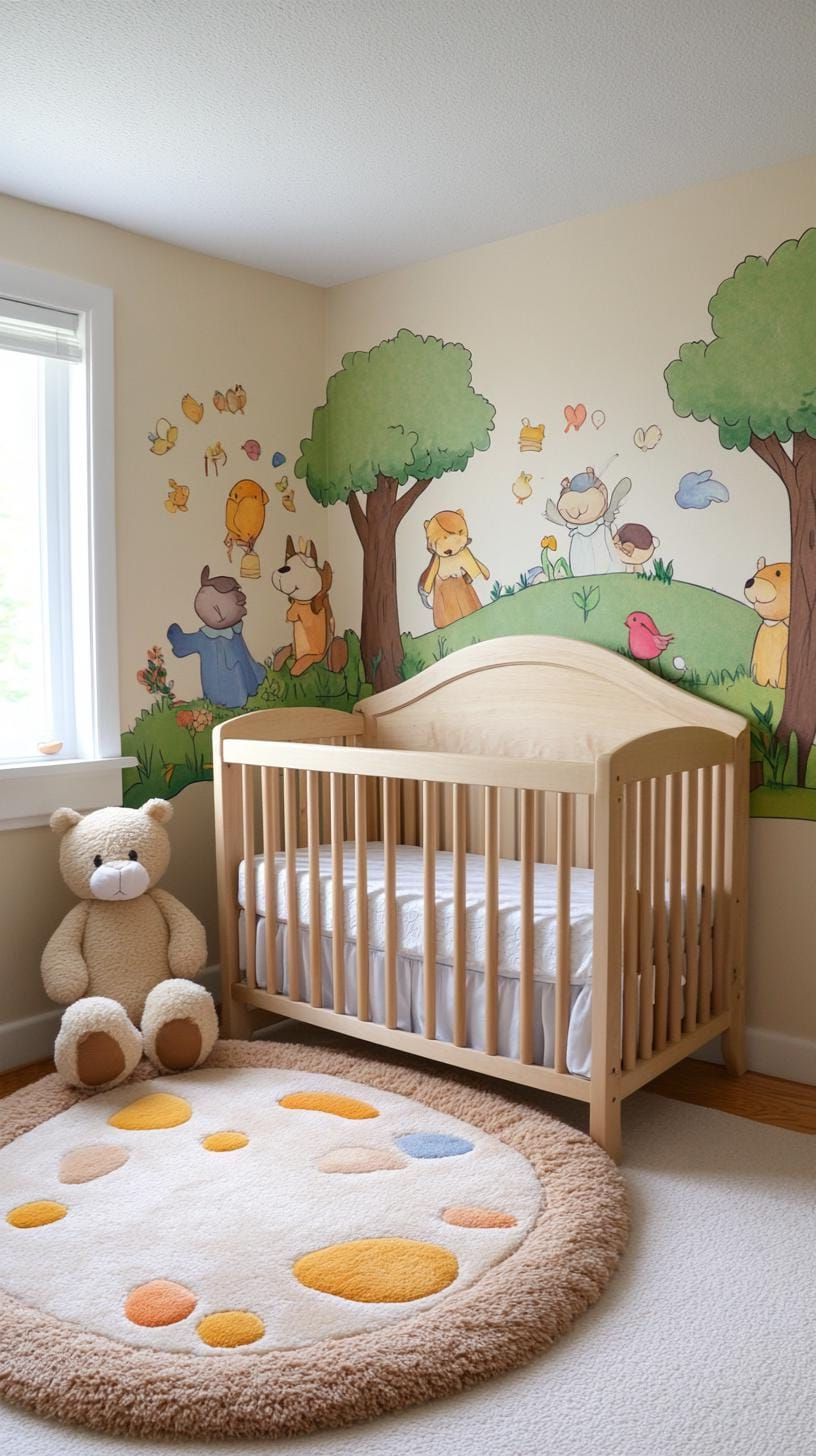 16. Storybook Nursery with Illustrated Murals and Plush Toys