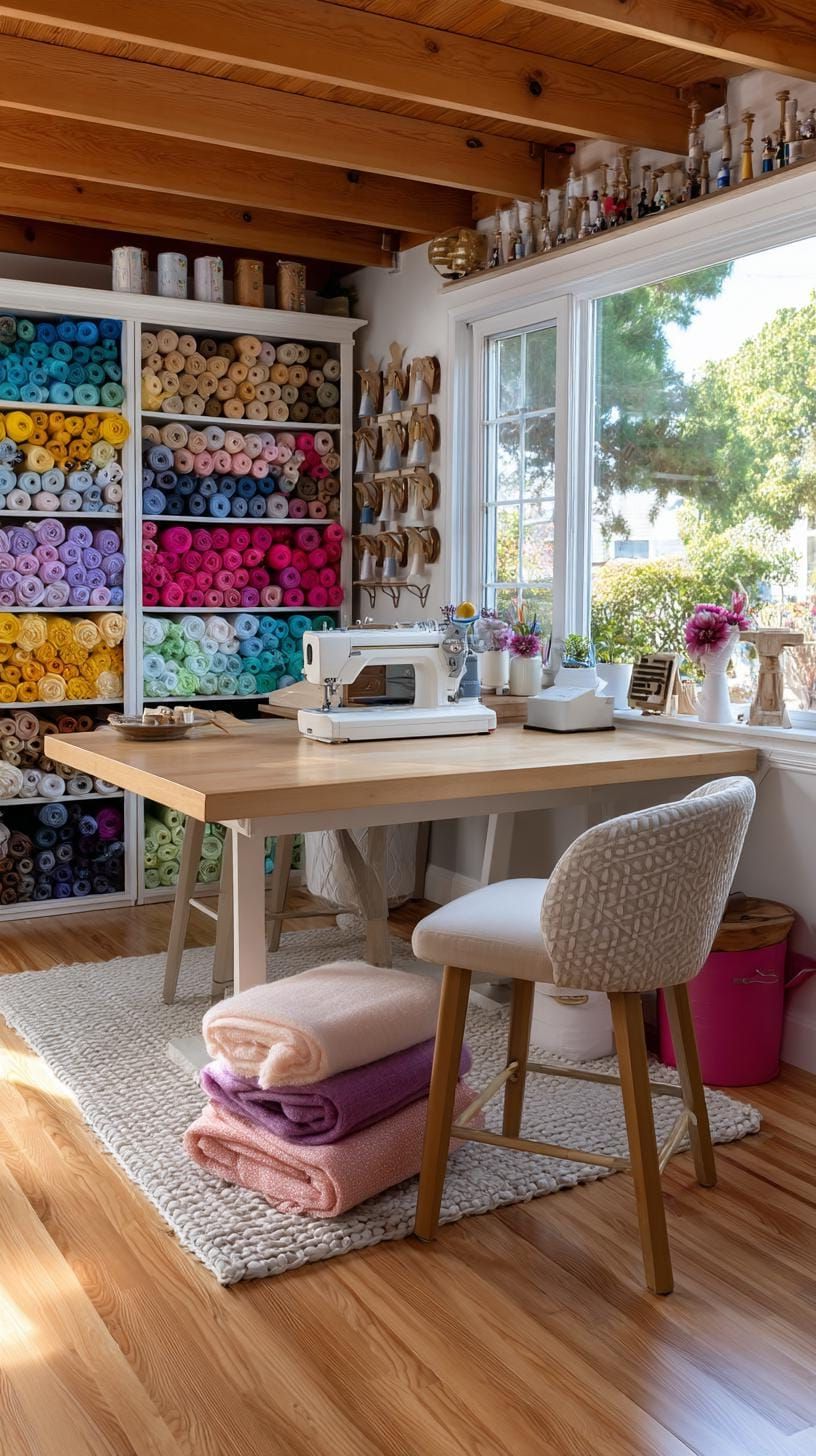 21. Sewing Haven With Pegboard Decor for Embroidery