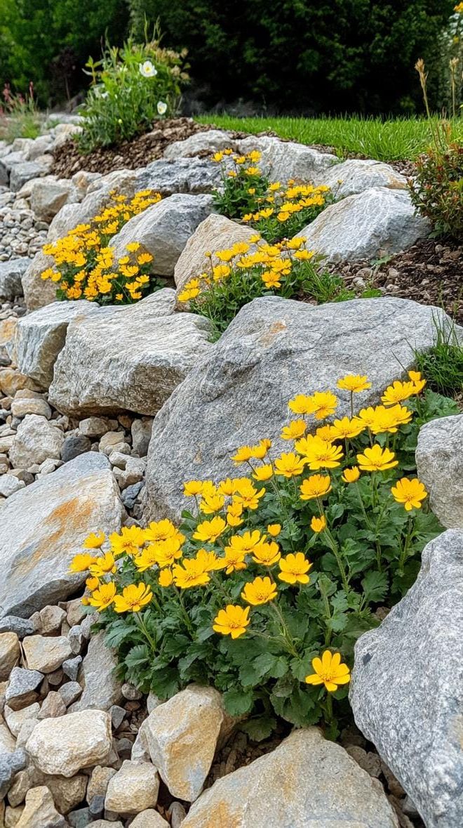 24. Golden Flowers Lining a Rocky Pathway - photo 2