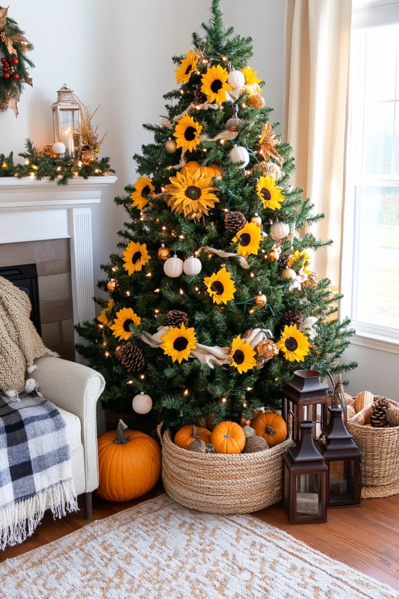 1. Sunflower and Pumpkin Garland on a Classic Tree