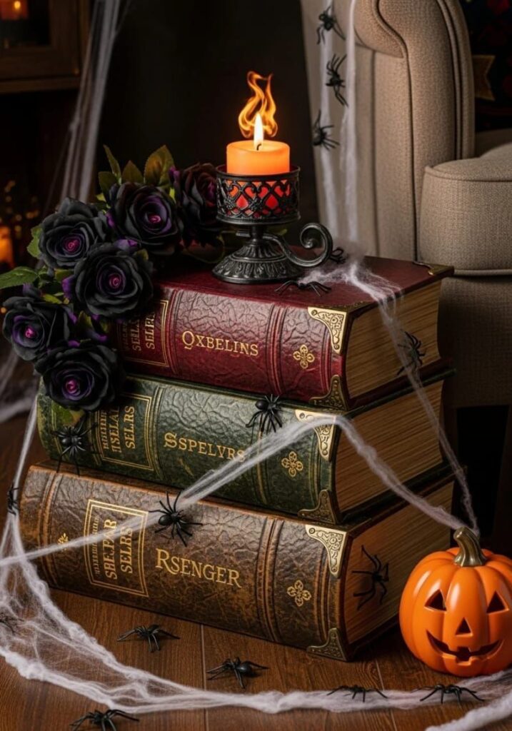 16. Stacked Spellbooks as a Side Table Accent