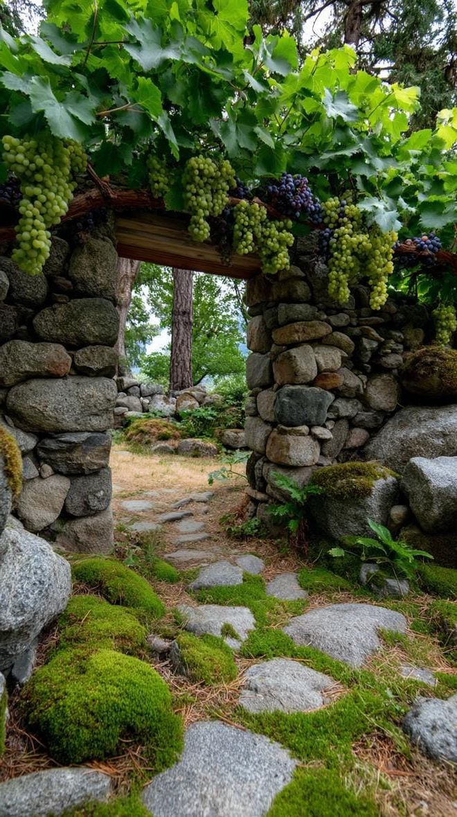 7. Grapevine canopy over a moss-covered archway