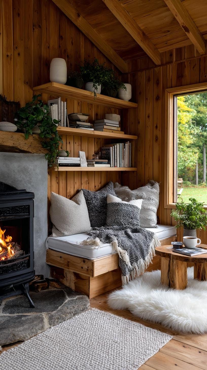 21. Wood-Accented Shed with Fireplace and Open Shelves