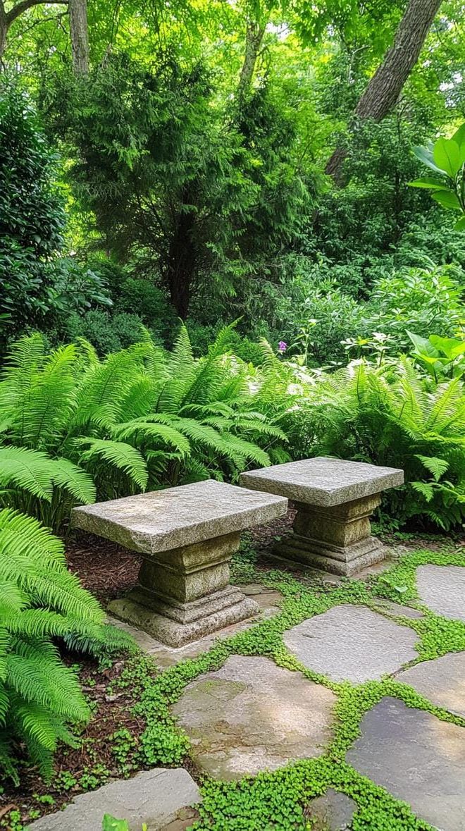 21. Wild ferns and stone benches in a quiet nature nook