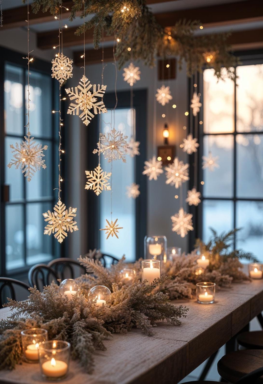 15. Snowflake ornaments hung from exposed beams - photo 2