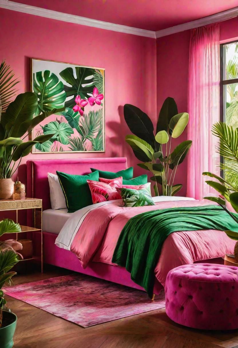 61. Tropical Accents in a Pink Bedroom