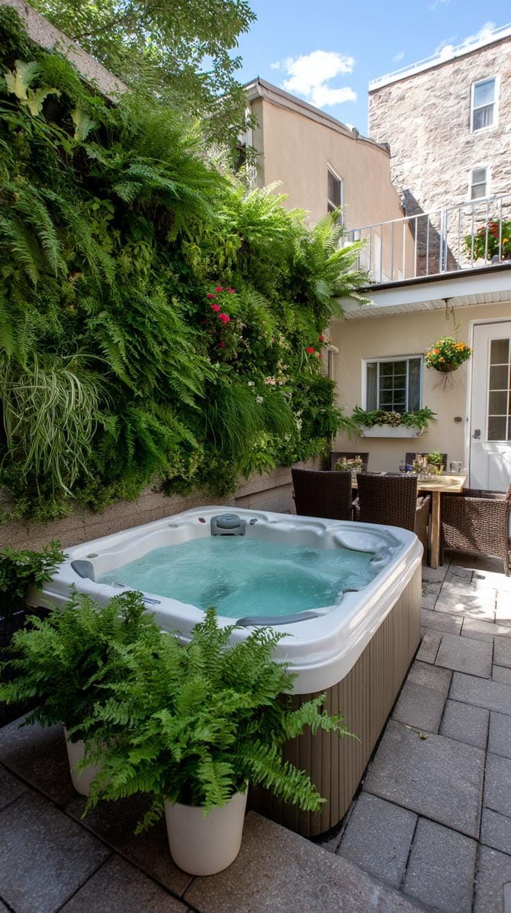 24. Compact corner hot tub surrounded by vertical garden