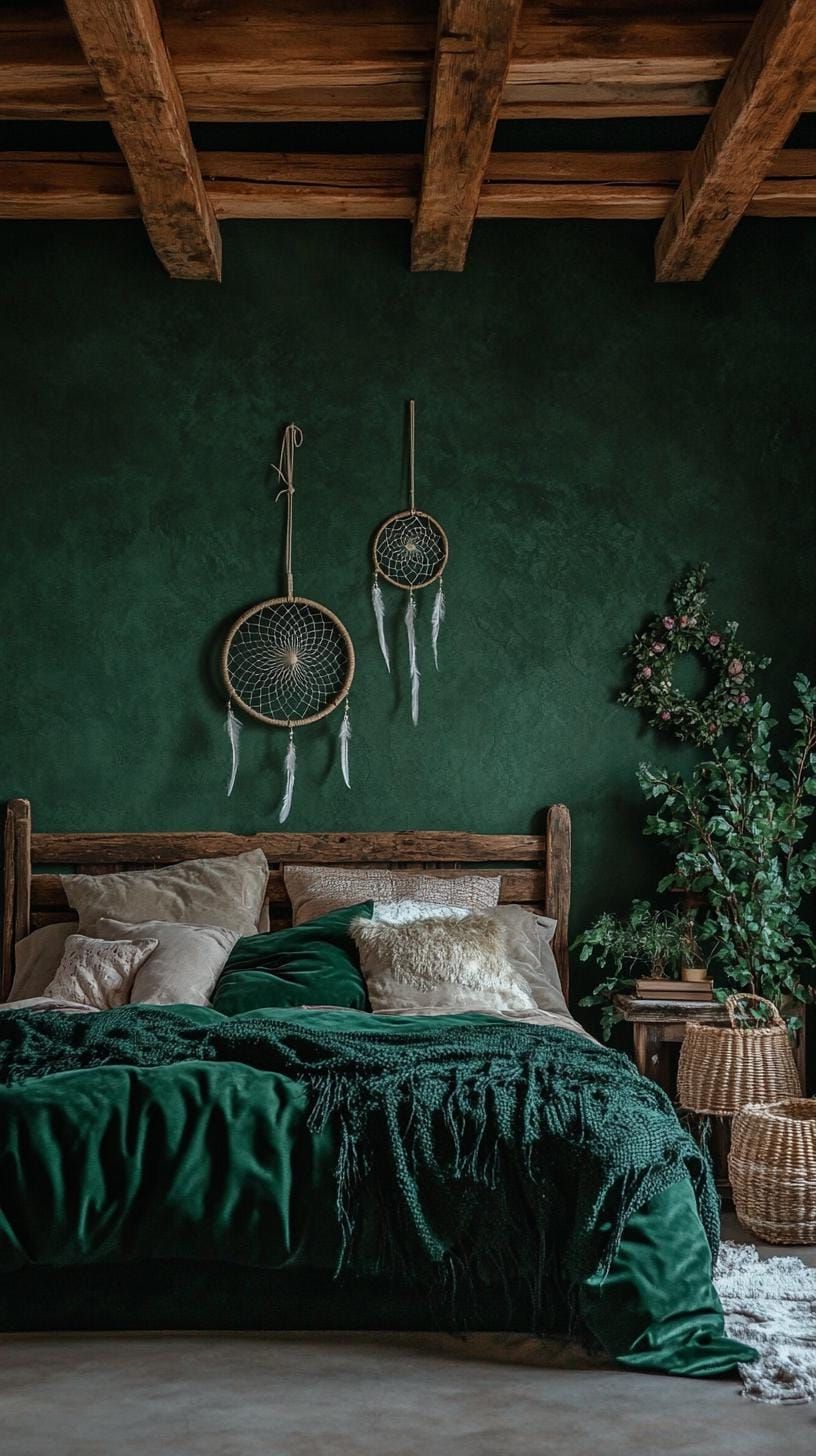 4. Dark Green Walls With Wood Beams And Dream Catchers - photo 3