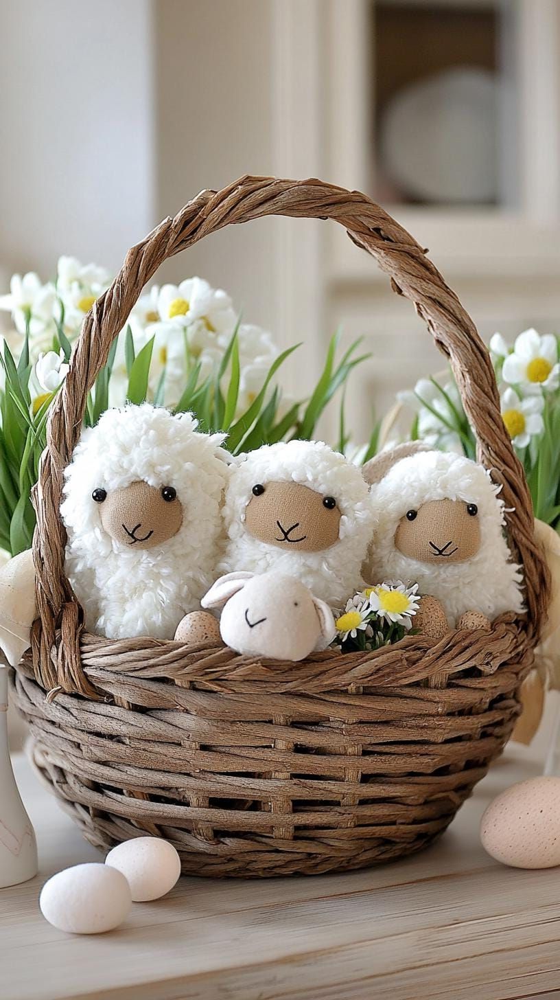 11. Pom-Pom Sheep In A Woven Basket