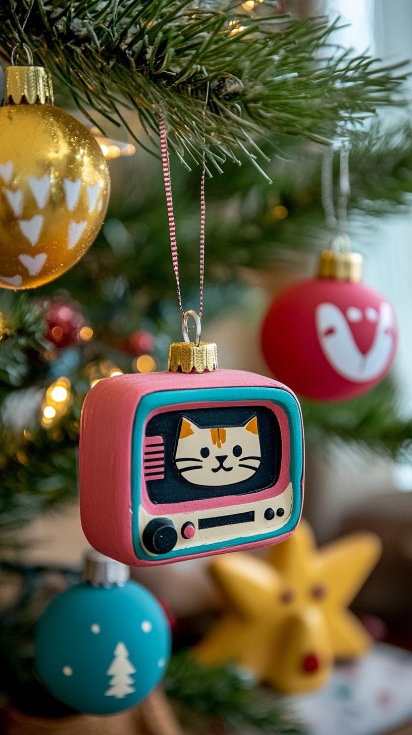 8. Retro TV-shaped ornaments with cat silhouettes