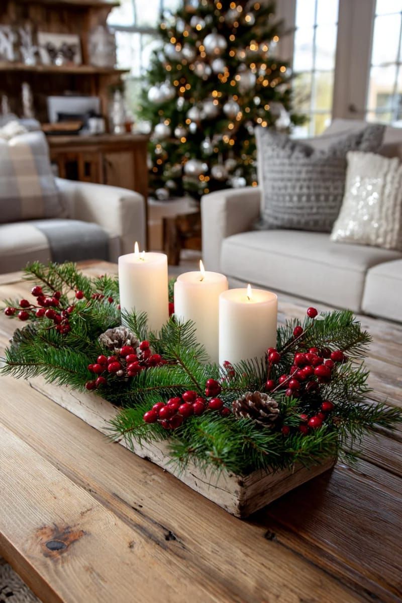 30. Pine and Cranberry Centerpiece with Candles - photo 2