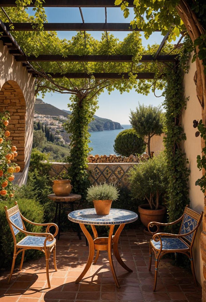12. Mediterranean Bistro Garden with Mosaic Tile