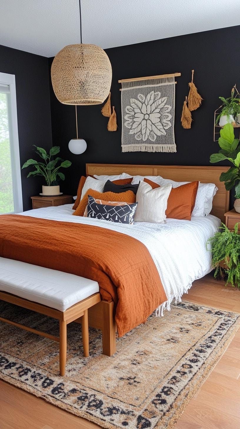 20. Black Walls With Earthy Plants And Warm Light