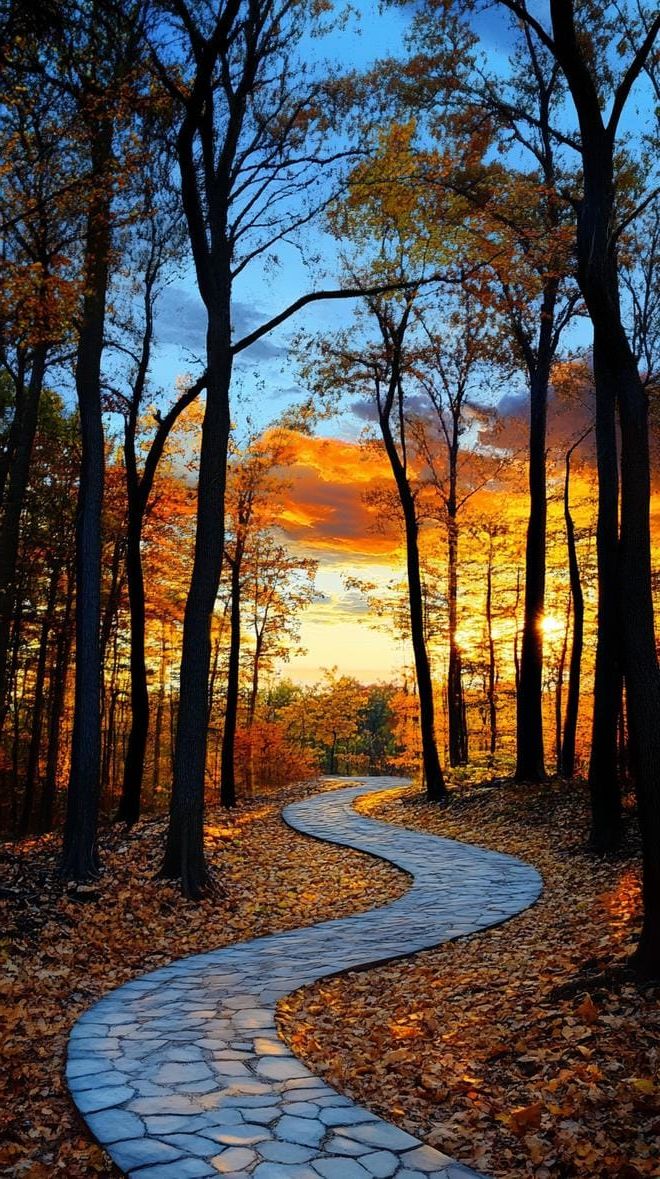 13. A quiet forest walk at sunset