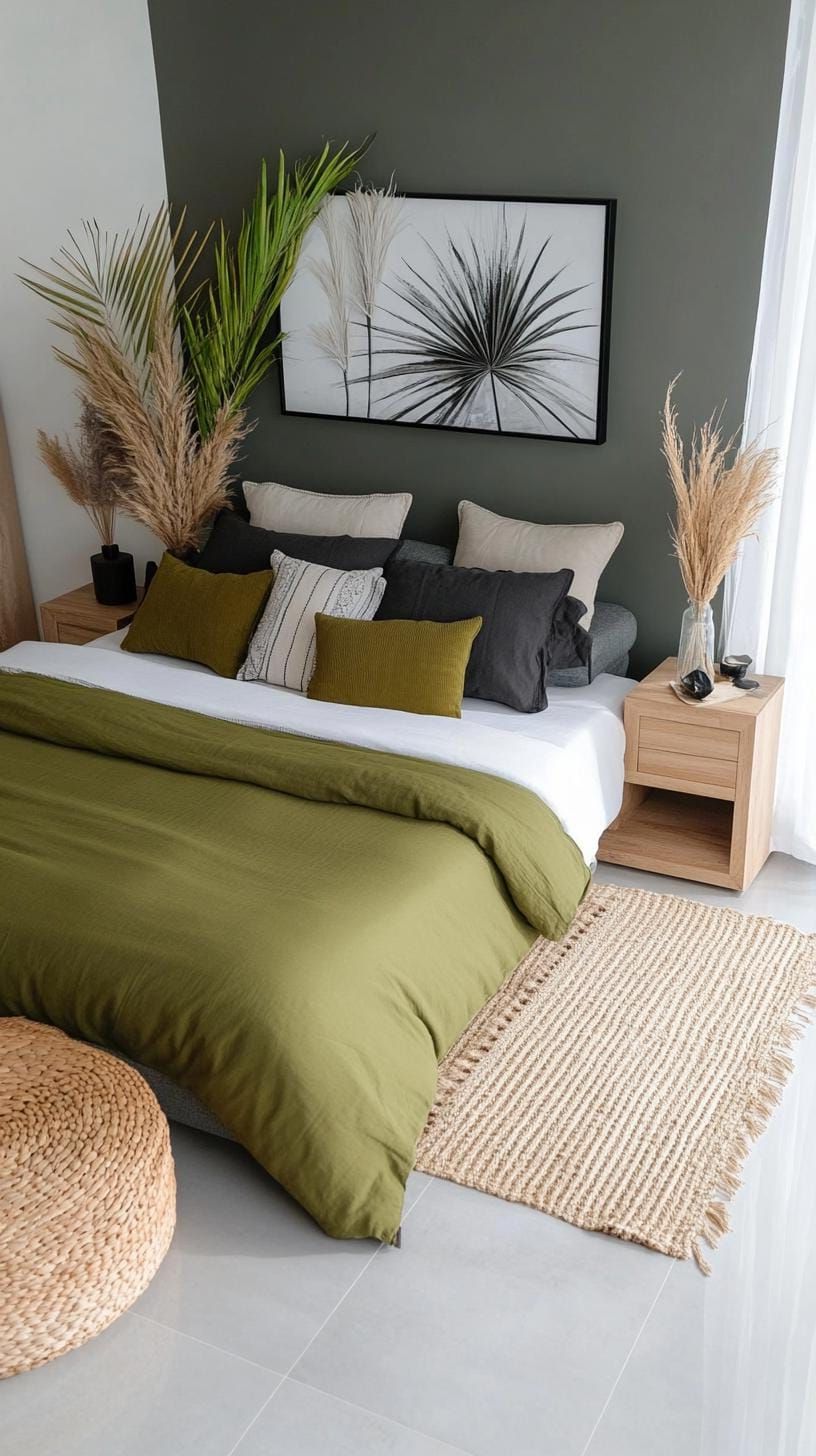 17. Olive Green and Charcoal Grey Monochrome Bedroom - photo 3