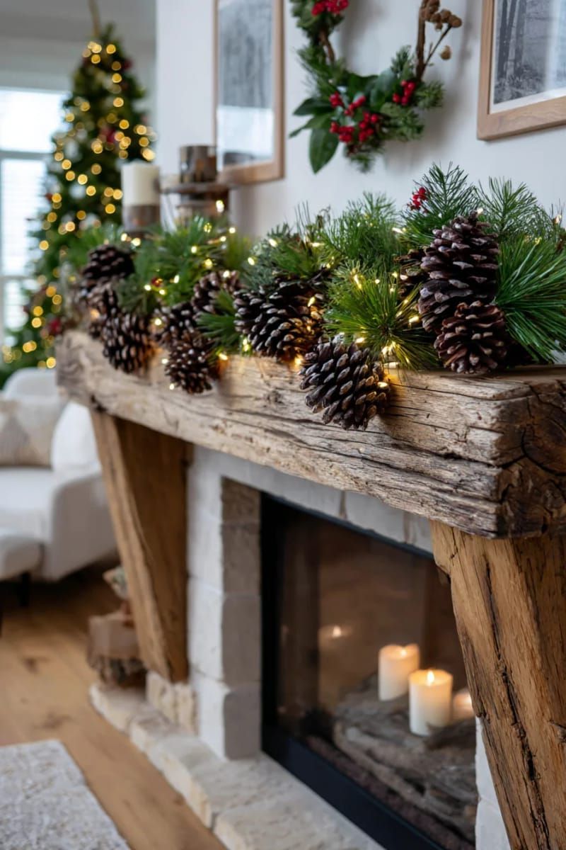 Pinecone garland with fairy lights on a barnwood mantel