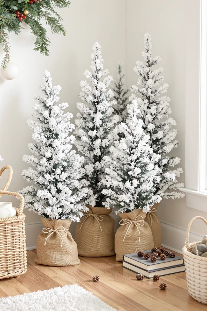 29. Flocked mini trees in burlap sacks for farmhouse decor