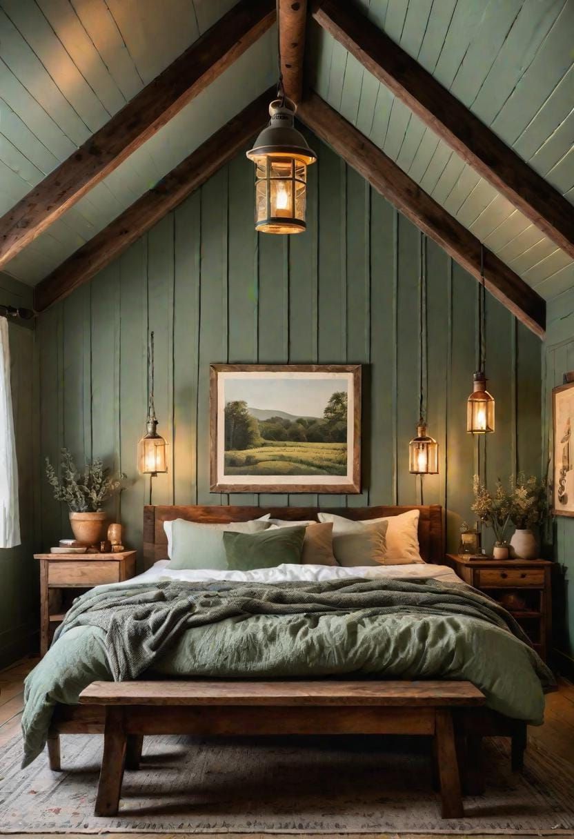 12. Rustic Farmhouse Bedroom with Sage Green Panels and Lantern Lighting