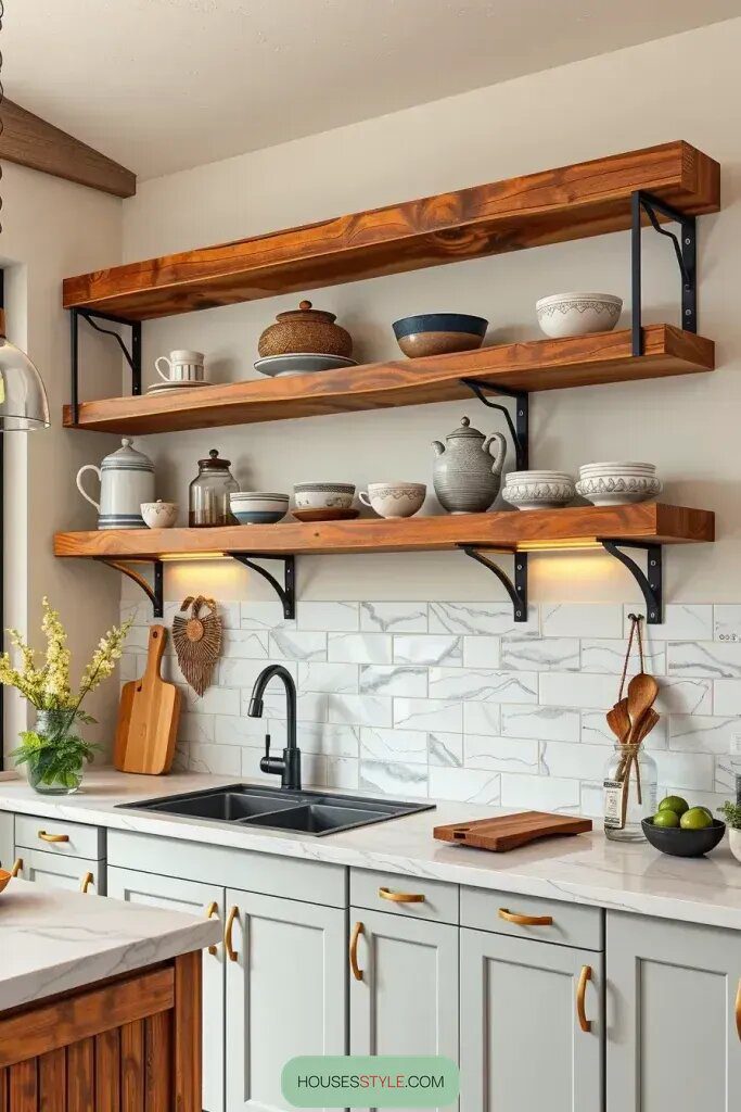 1. Add Reclaimed Wood Open Shelving for a Natural Look