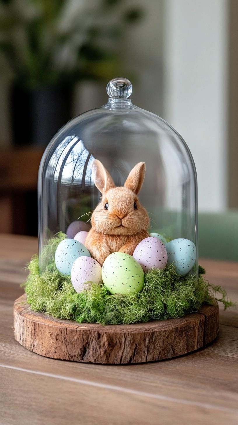 3. Glass Cloche Bunny Scene With Moss - photo 2