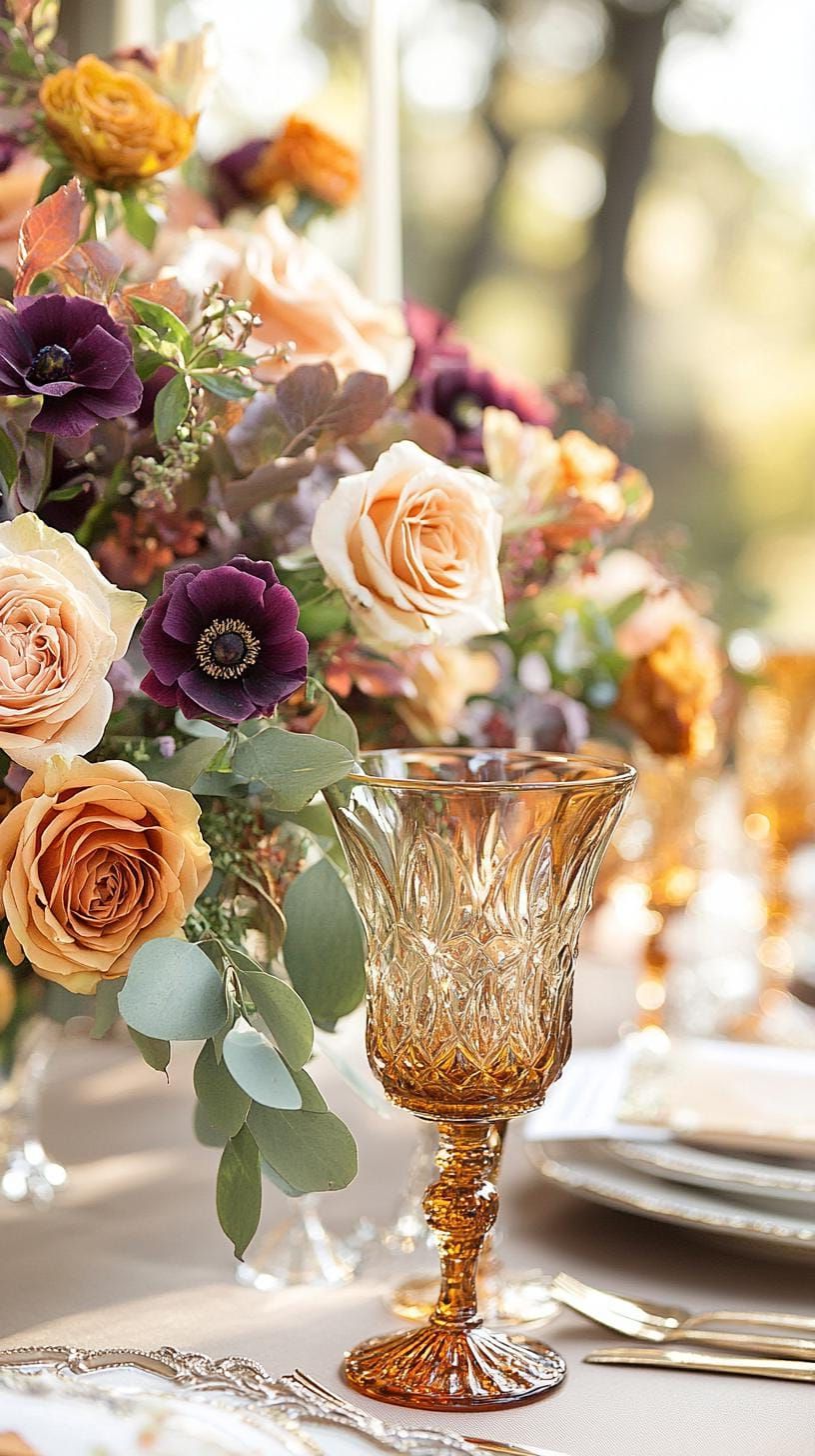 11. Traditional Table With Amber Glass and Fall Flowers