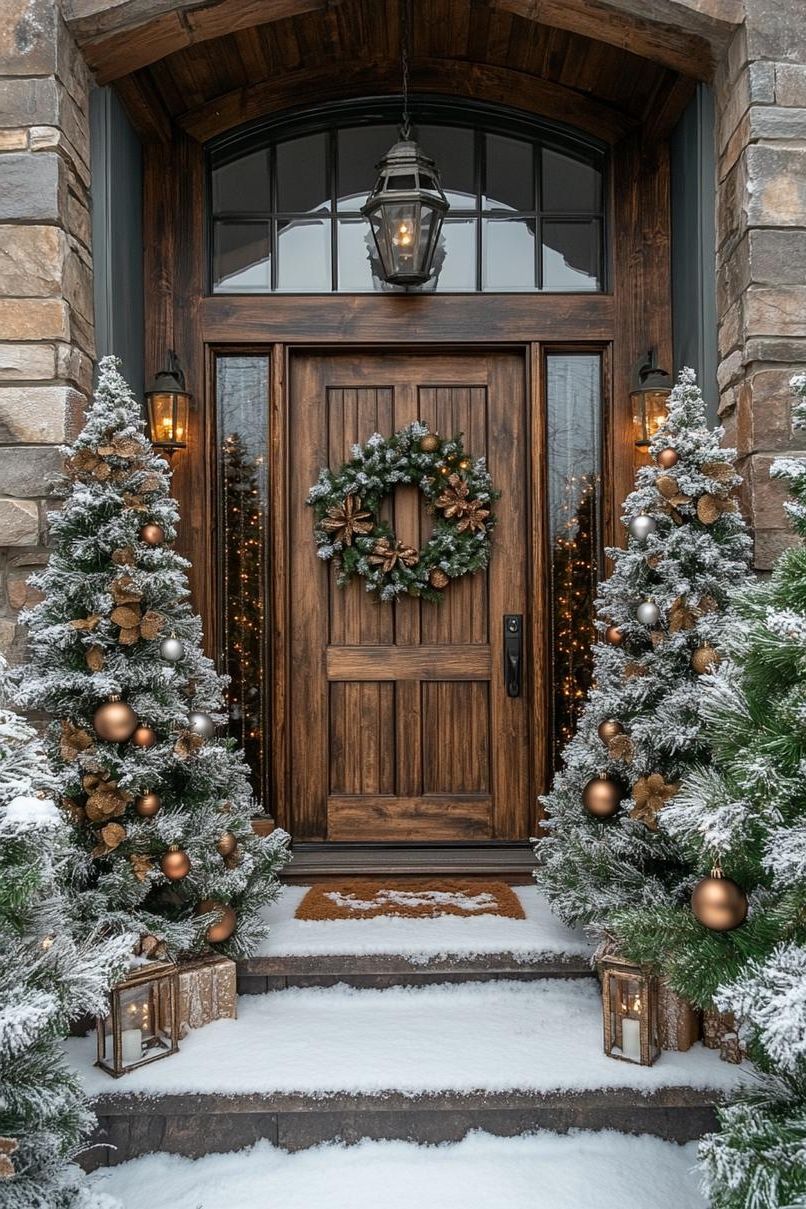 2. Flocked Christmas Trees by the Door