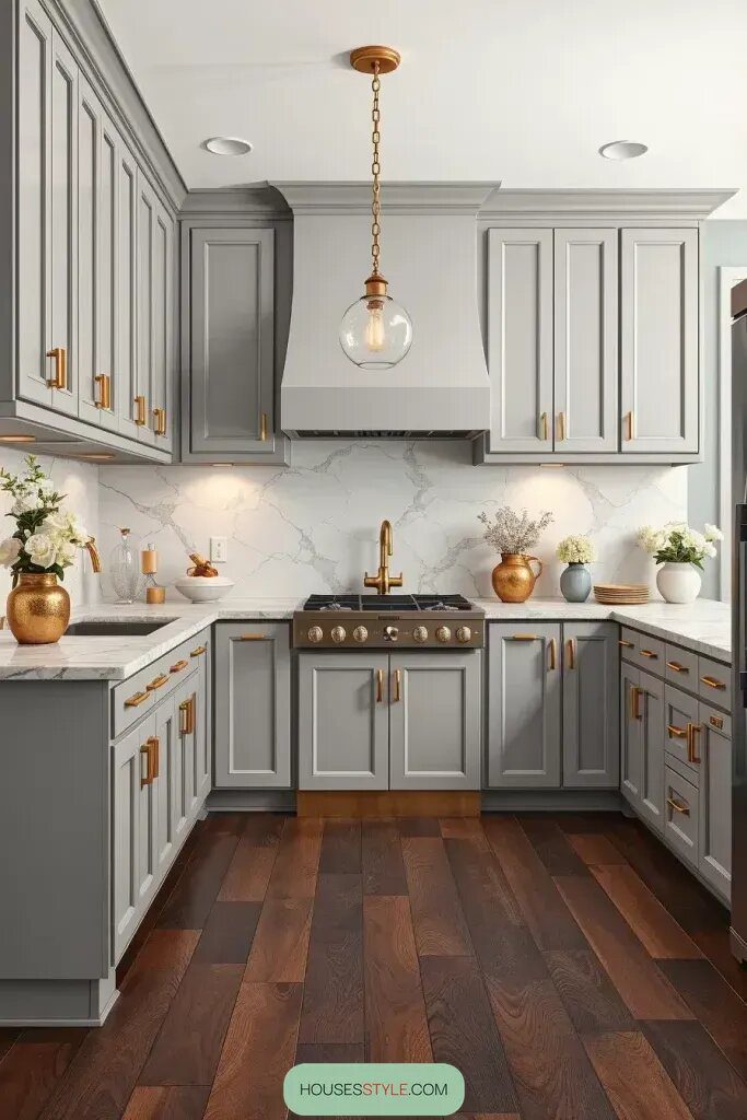 Gold Hardware Paired with Gray Cabinets