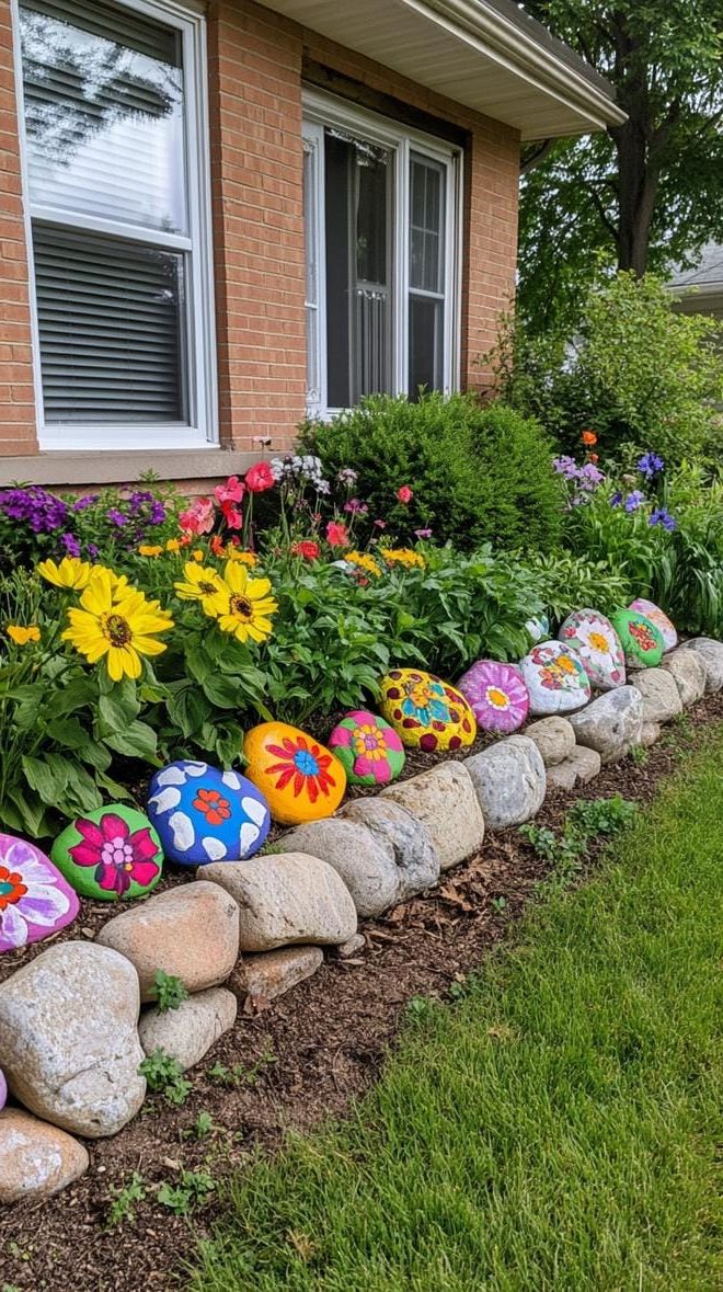 3. Hand-Painted Floral Rock Border for Front Yards
