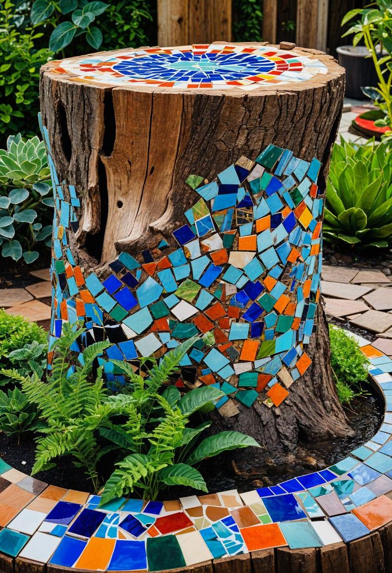 9. Mosaic-Covered Tree Stumps