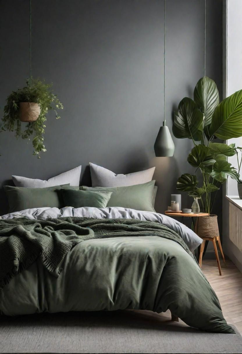 43. Botanical Touches in Grey Bedroom Decor