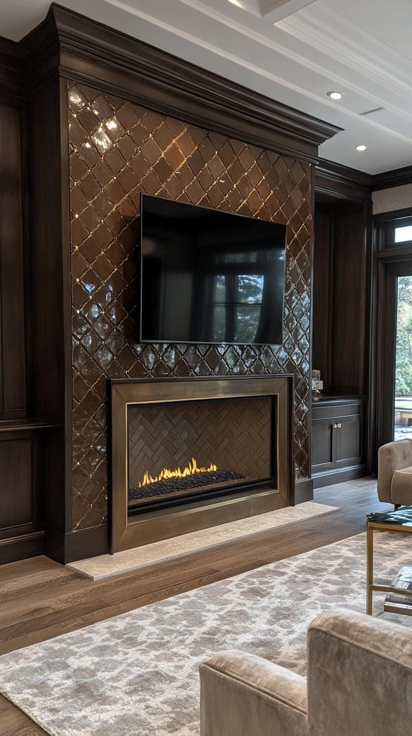 14. Vintage mosaic tile fireplace with brass accents