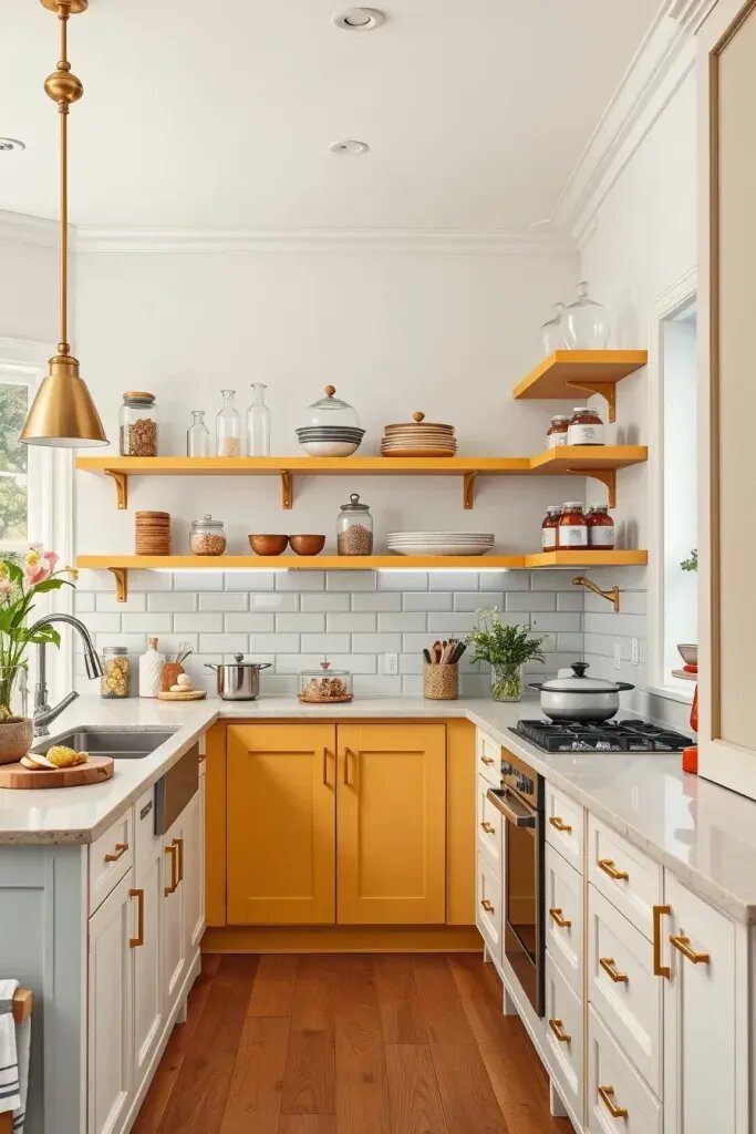 Upgrade Your Kitchen With Soft Yellow Open Shelves - photo 2