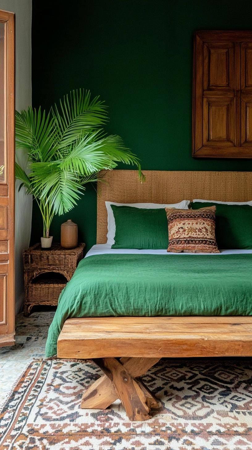 14. Low Wood Bed Frame With Patterned Rug And Green Bedding - photo 3