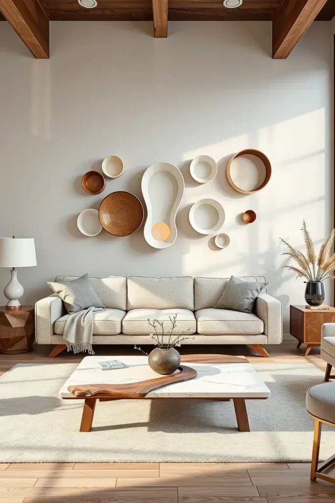 22. Pair Curved Wall Sculptures With Organic Sofas