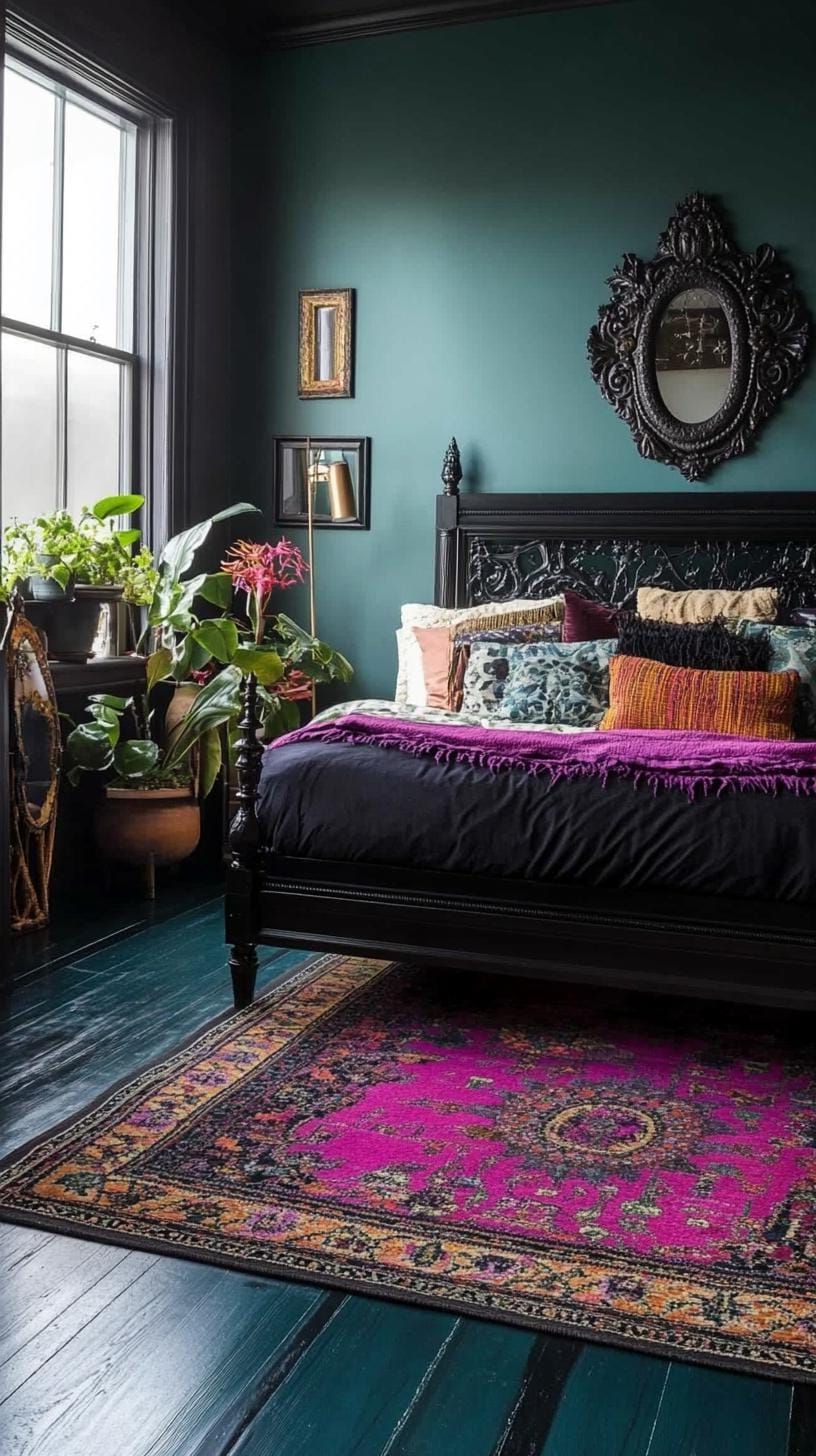 13. Purple And Black Boho Rug Over Deep Teal Flooring - photo 2