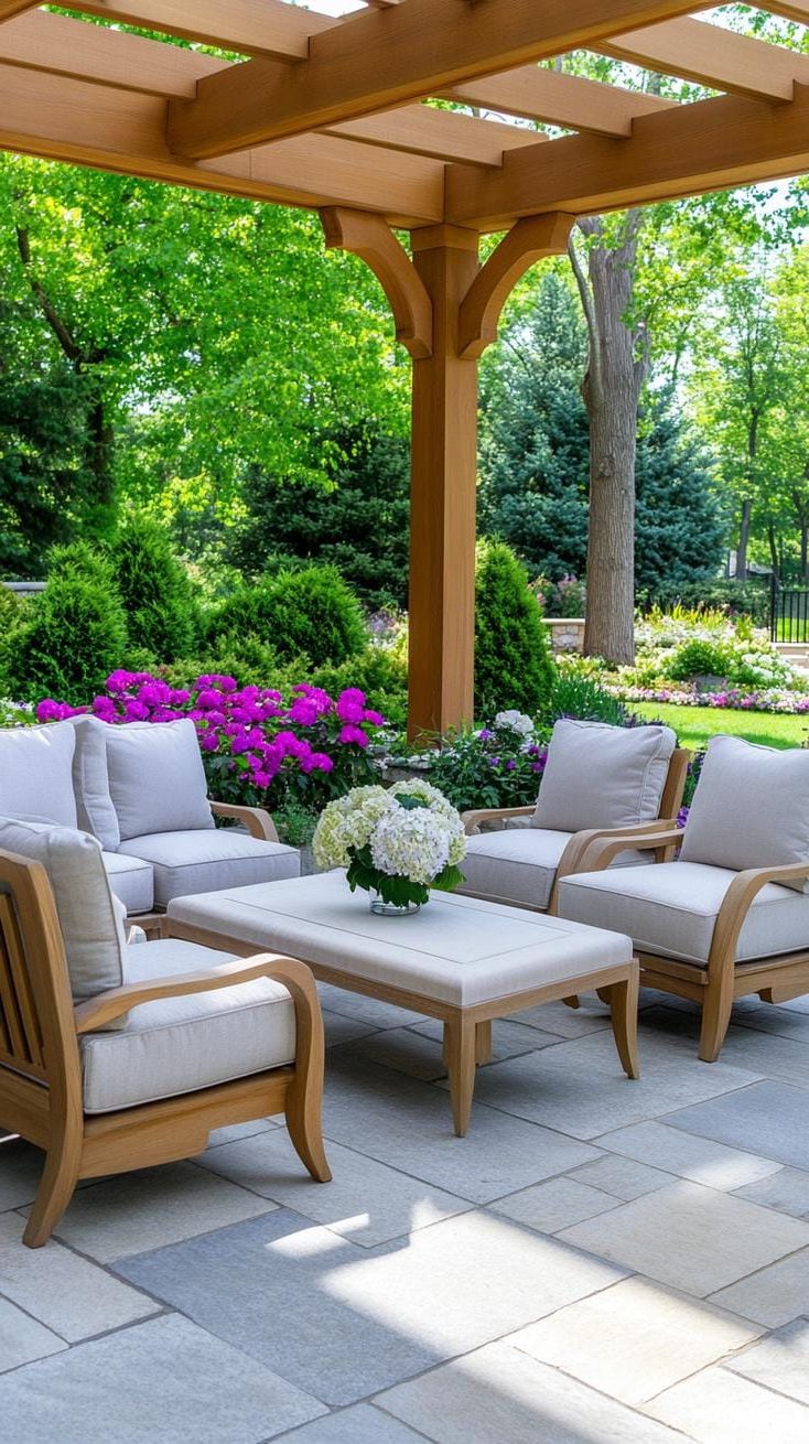 35. Stone Tile Patio with Pergola and Garden Views - photo 2