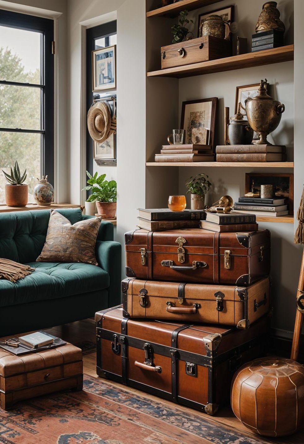 14. Stacked Vintage Trunk Shelving