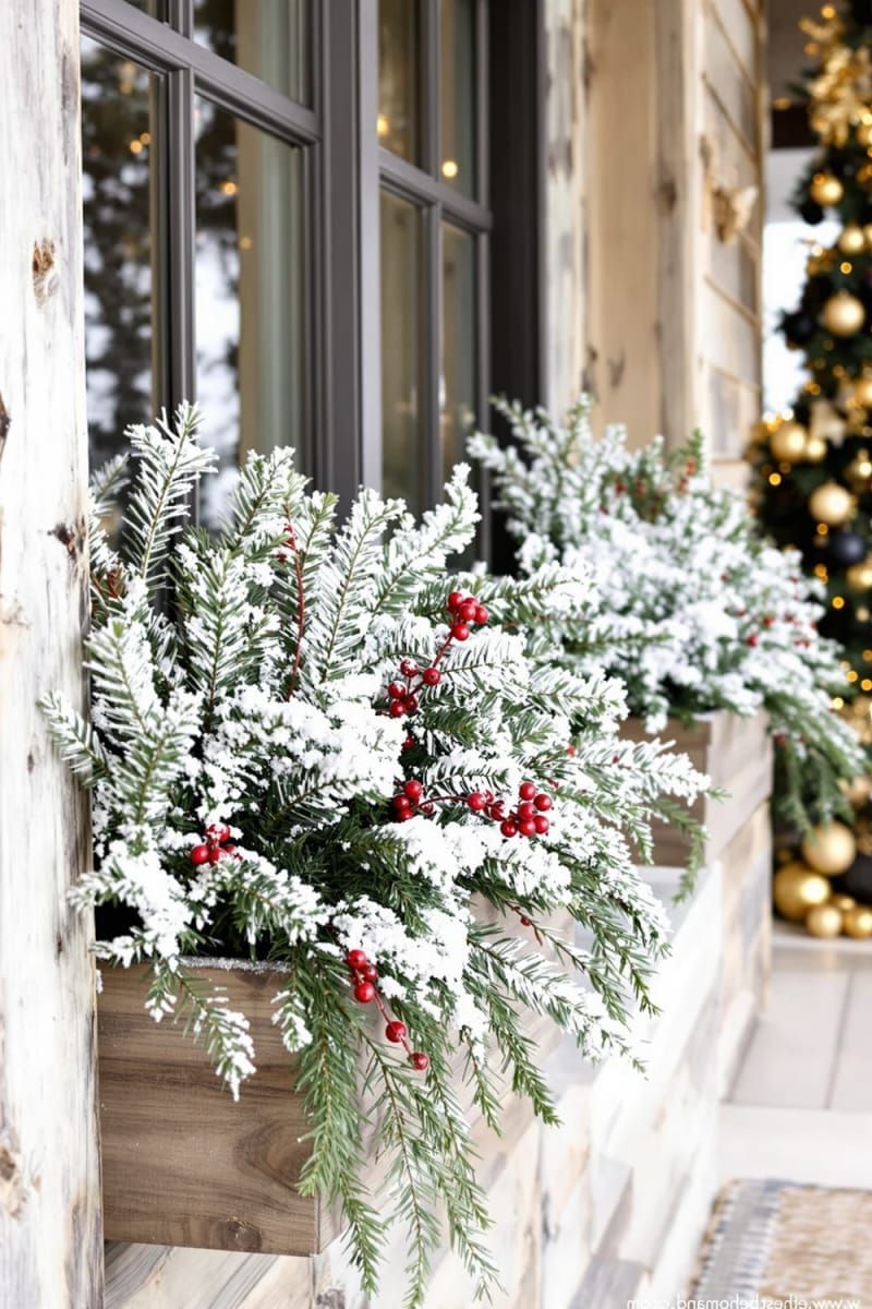 25. Snow-dusted greenery in wooden window planter boxes - photo 2